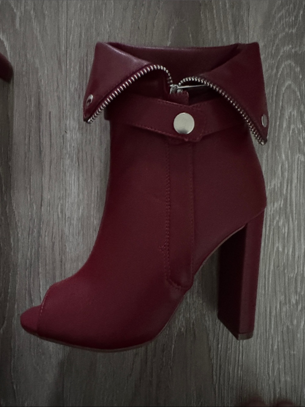 Liliana Fold-Over Peep-Toe Heeled Boots in Burgundy